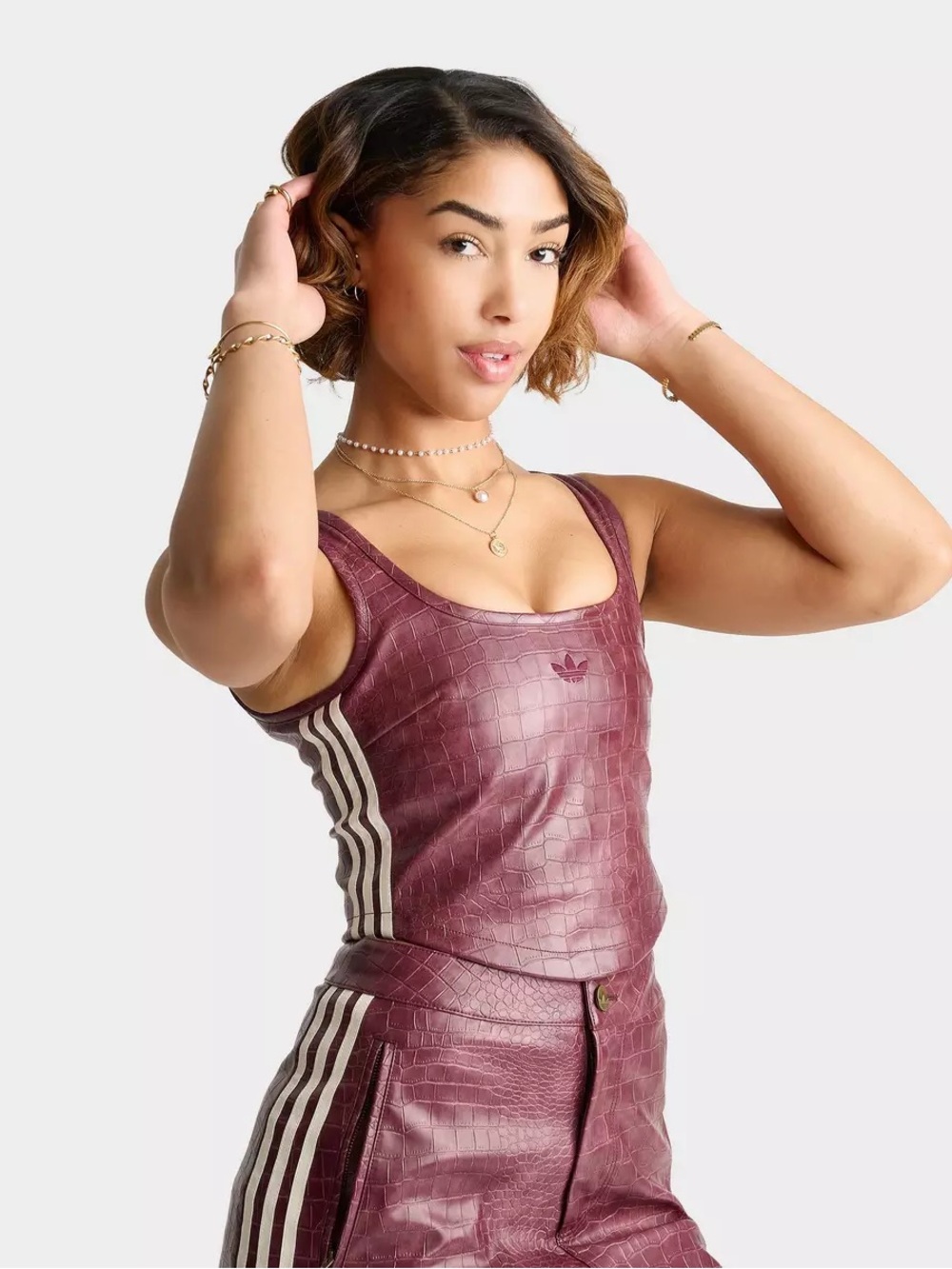 adidas Women’s Burgundy Croc-Texture Tank with White Stripes